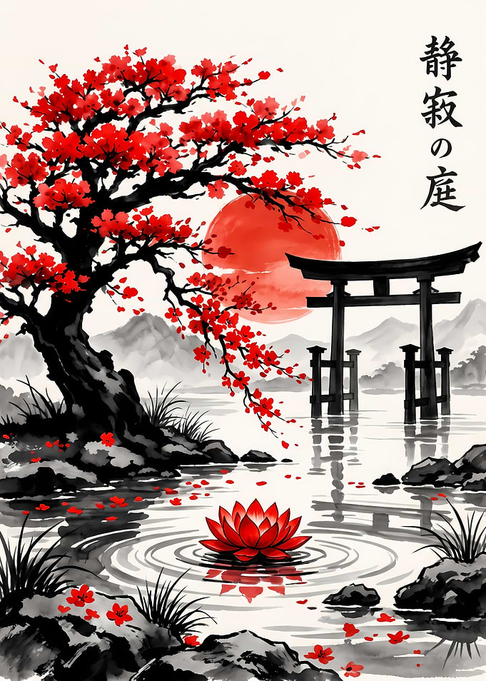 Japanese Zen Garden with Torii Gate
