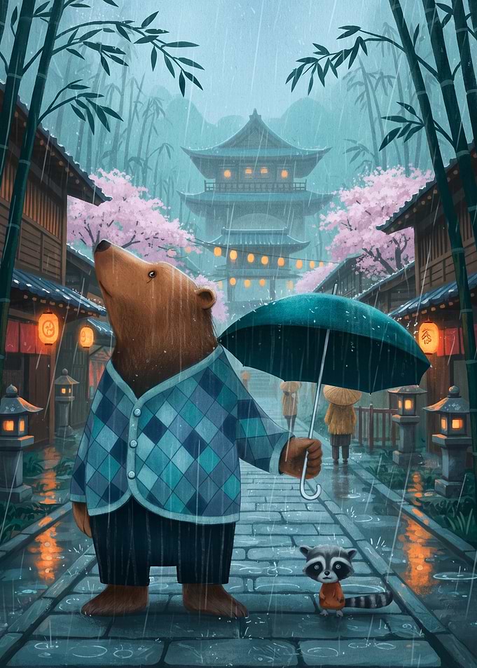 Bear and Raccoon in Rainy Japan
