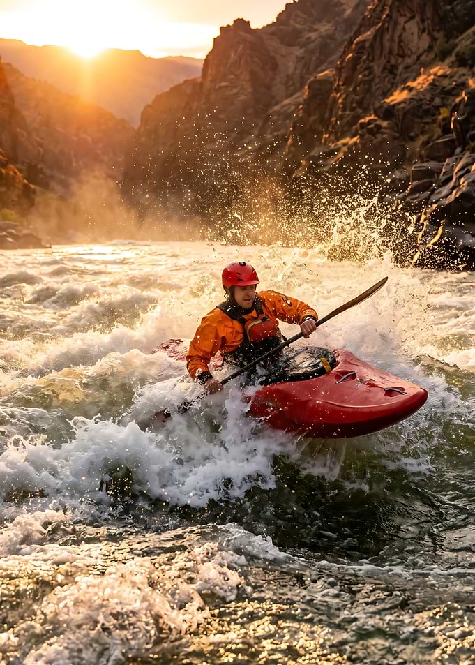 Kayaker Navigating Whitewater Rapids at Sunset