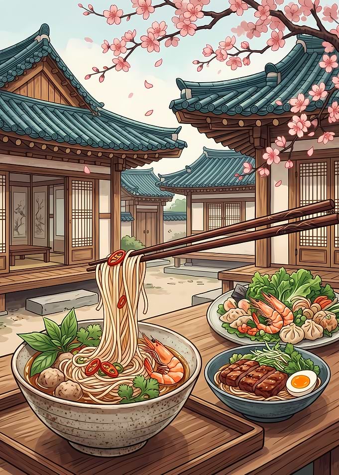 Asian Noodle Feast in Traditional Courtyard