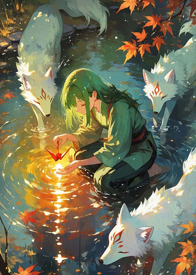Girl with Spirit Wolves and Origami