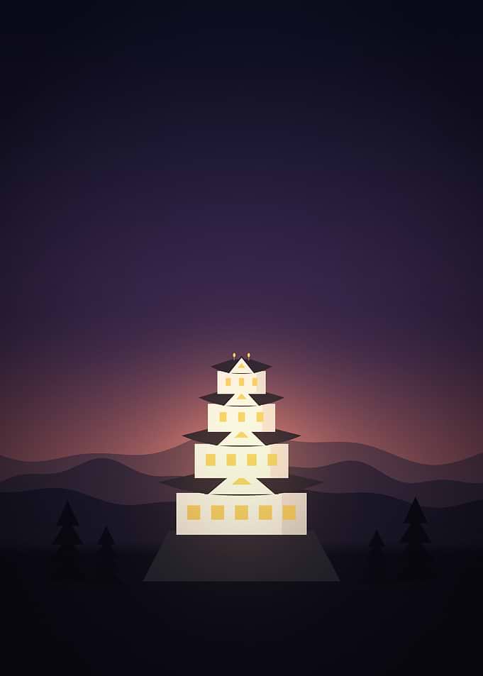 Japanese Castle - Illuminated Hilltop Keep at Dusk