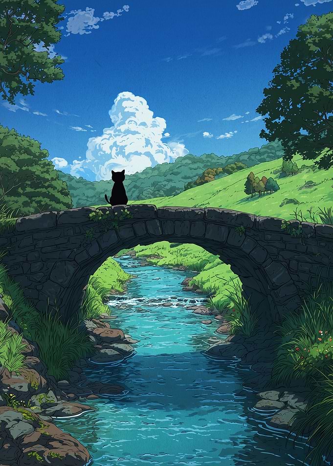 Black Cat on Stone Bridge