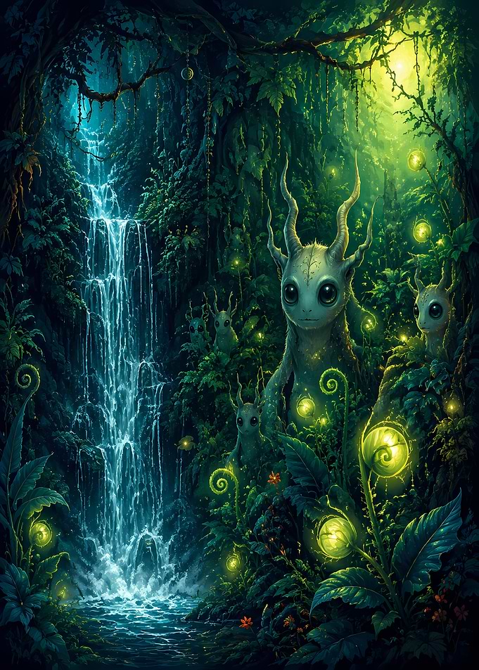 Enchanted Forest Creatures by Waterfall