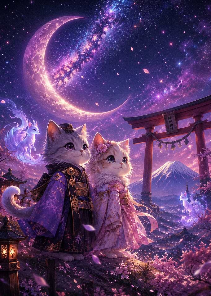 Cats in Kimonos Under Galaxy Sky