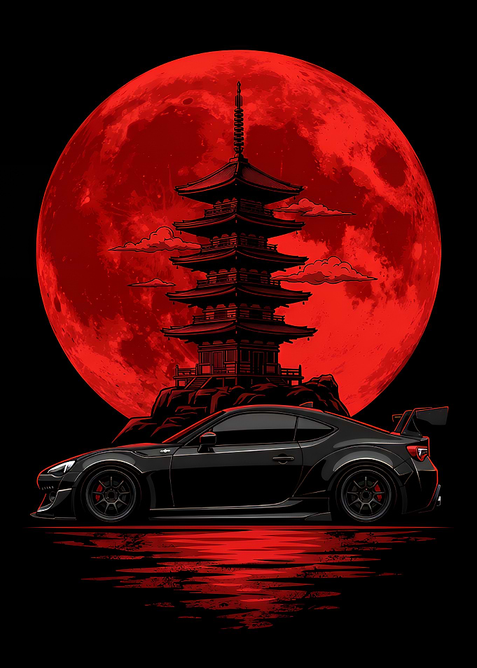 Black Sports Car and Japanese Pagoda