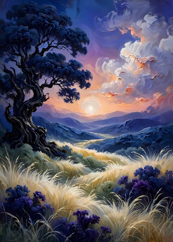 Impressionist Sunset Landscape with Ancient Tree