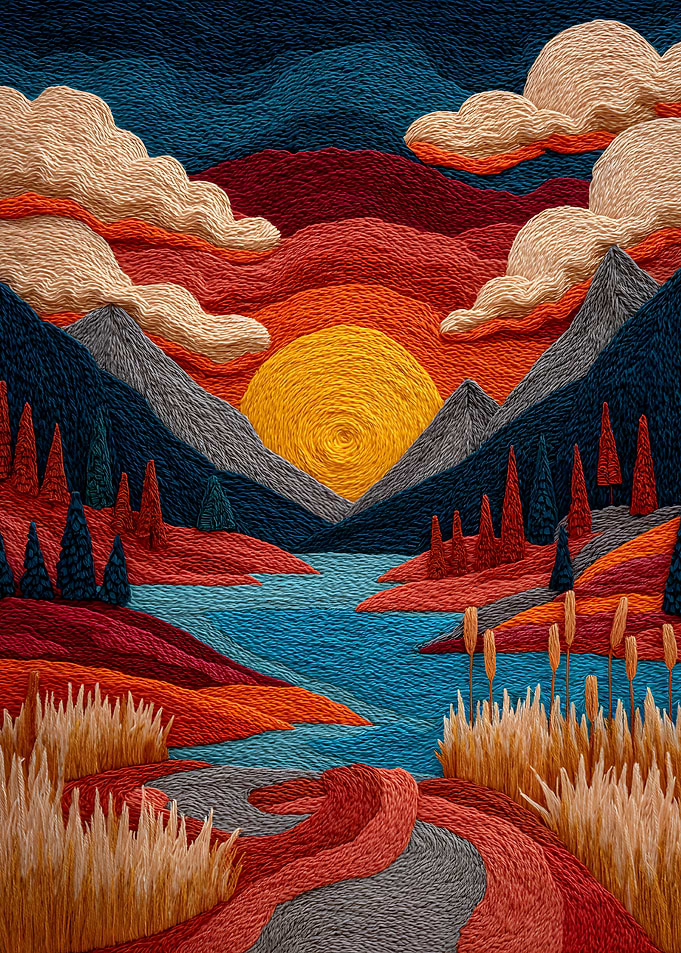 Embroidered Sunset Mountain Landscape