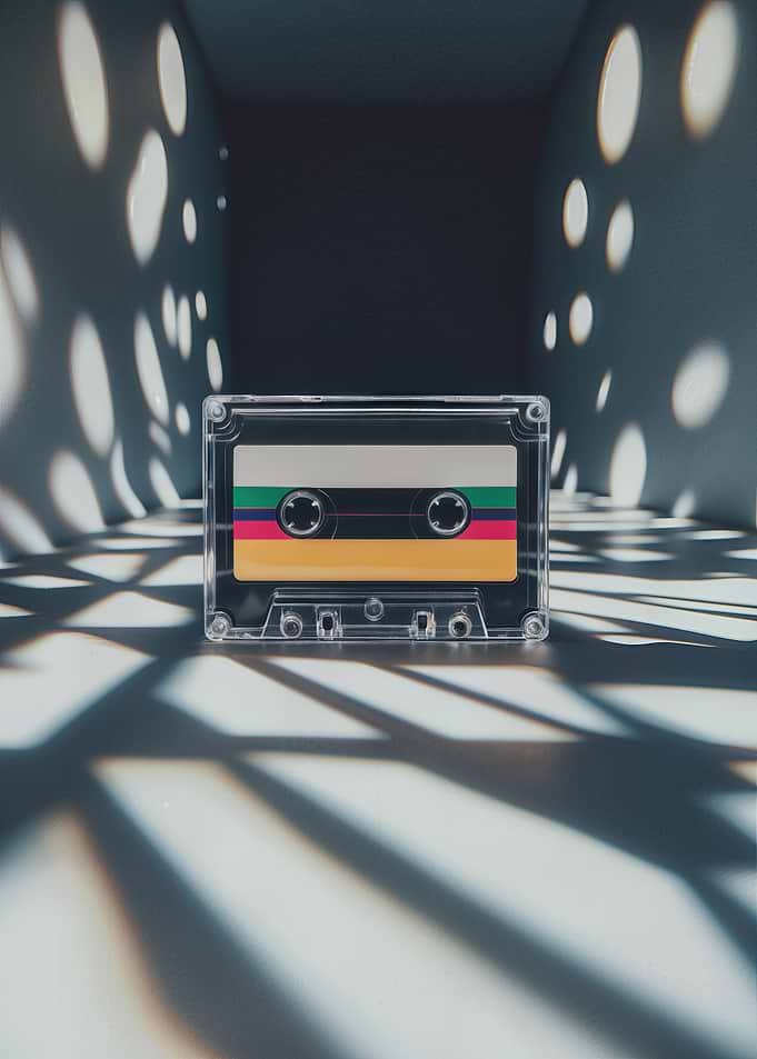 Retro cassette tape in clear case with colorful stripes and dramatic shadows