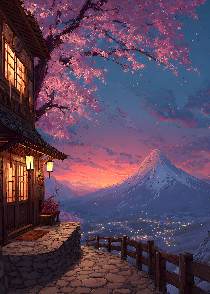 Mount Fuji Sunset with Cherry Blossoms