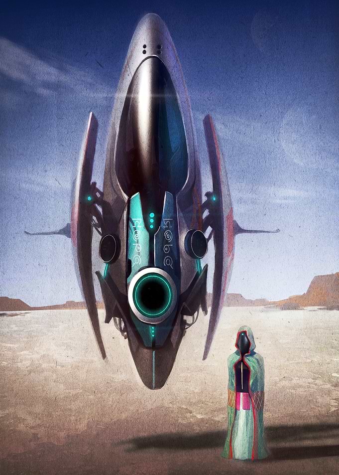 Futuristic Spaceship and Cloaked Figure