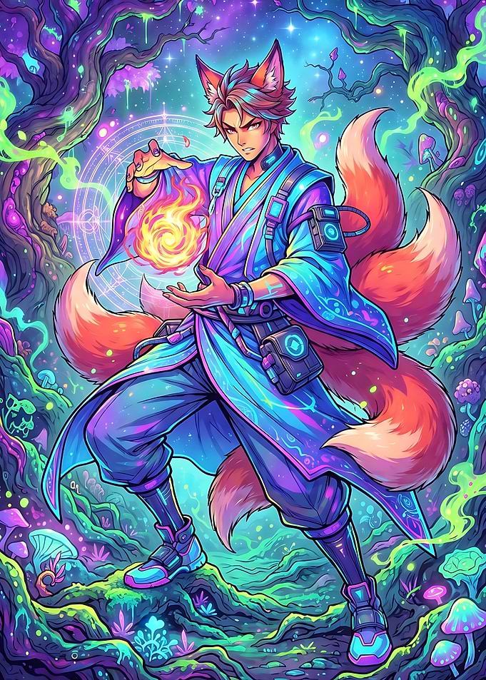 Kitsune Mage iCyberpunkn Neon Forest
