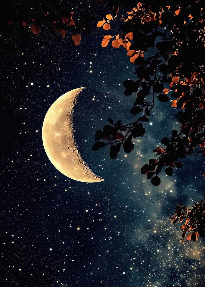 Crescent Moon in Starry Night Sky