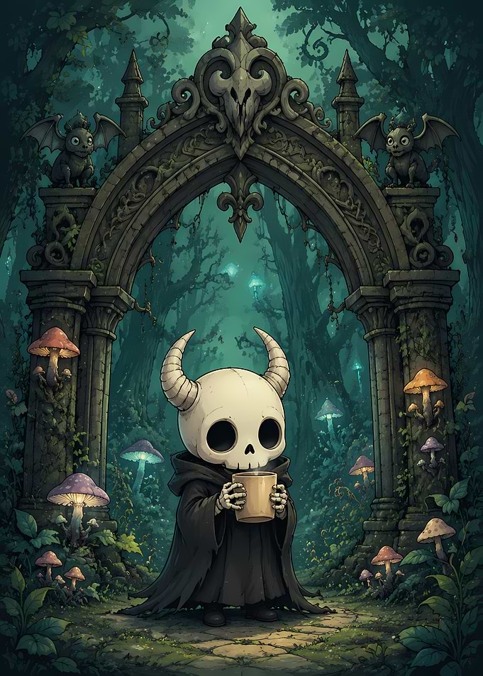 Cute Skull Creature Drinking Coffee