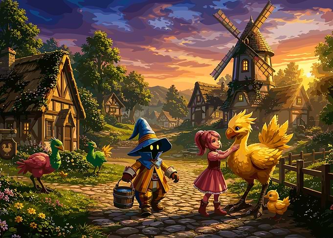 Final Fantasy Village Scene with Chocobos