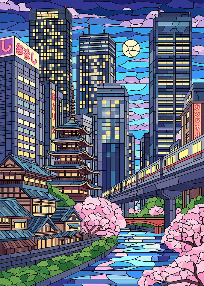 Stained Glass Tokyo Cityscape