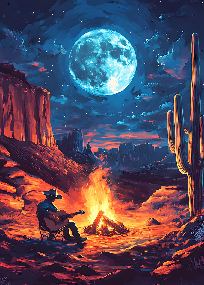 Cowboy Playing Guitar Under Full Moon