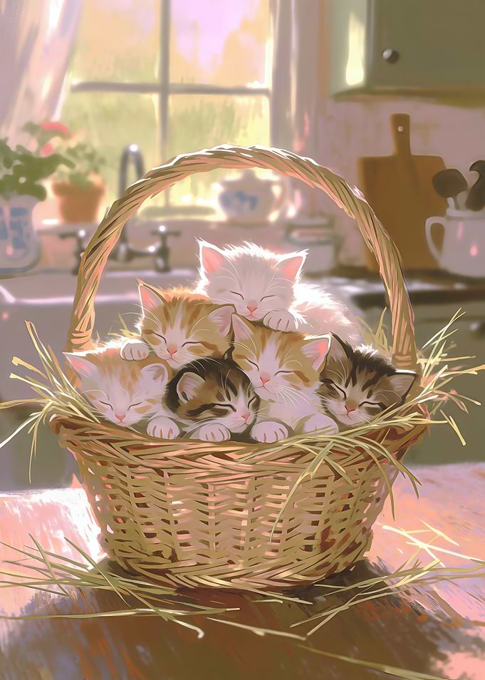 Six Kittens Sleeping in a Basket