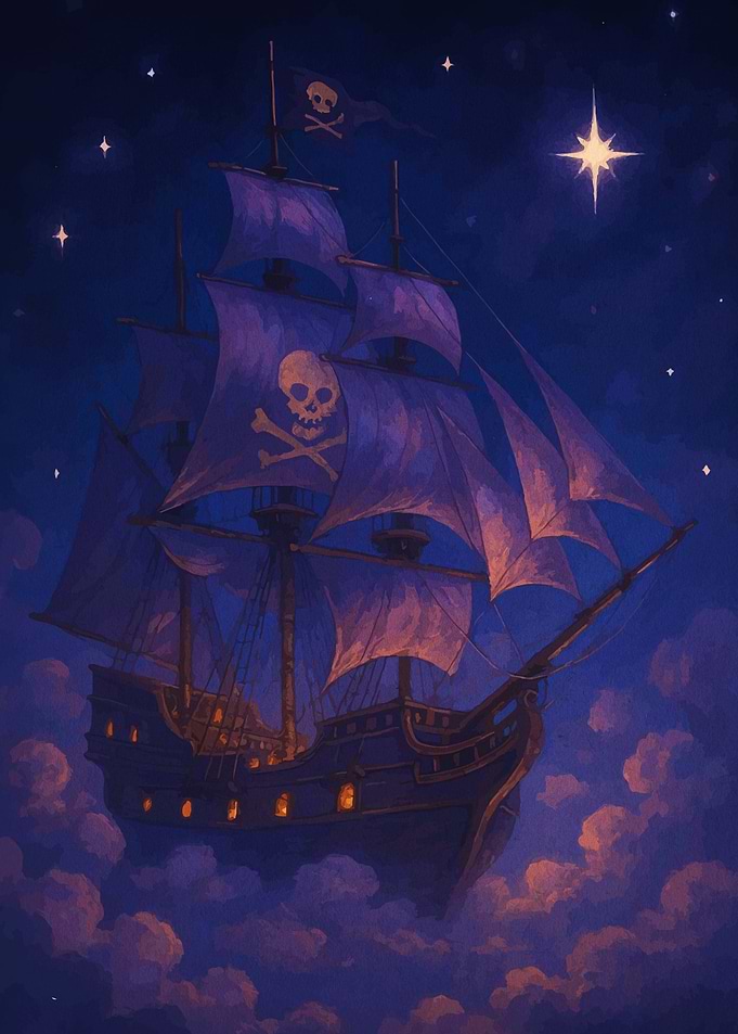 Flying Pirate Ship in Night Sky