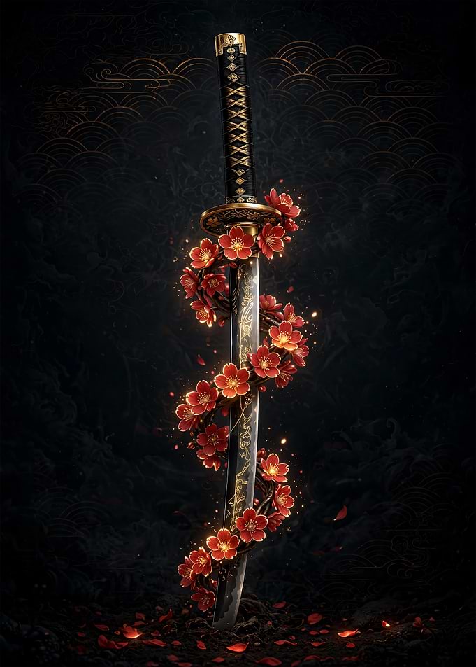 Katana Wrapped in Glowing Red Blossoms