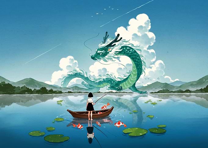 Girl Fishing with a Dragon