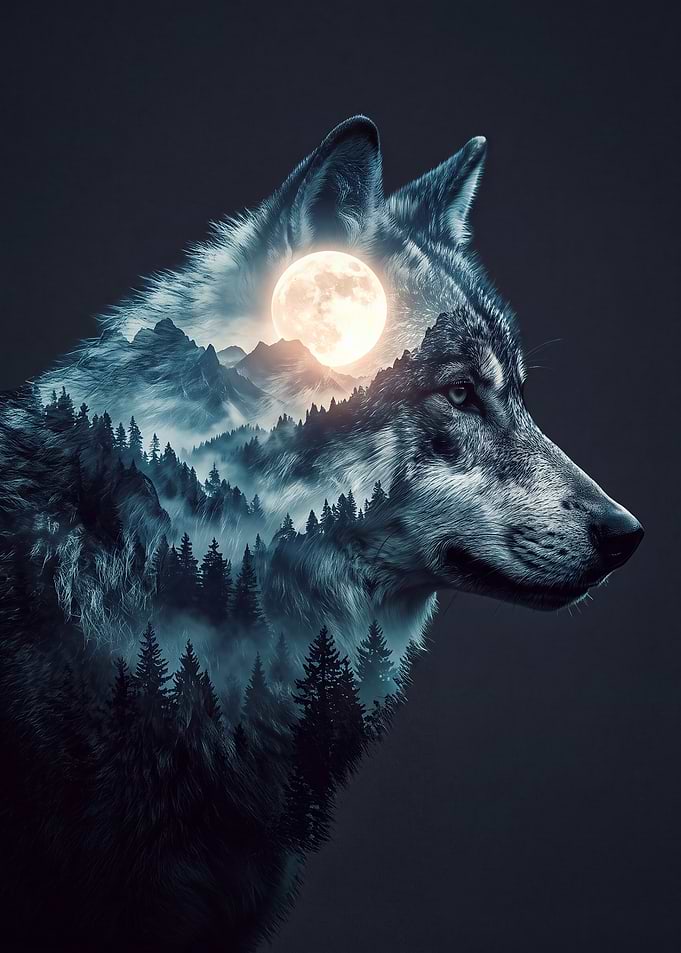 Double Exposure Wolf and Moon Landscape
