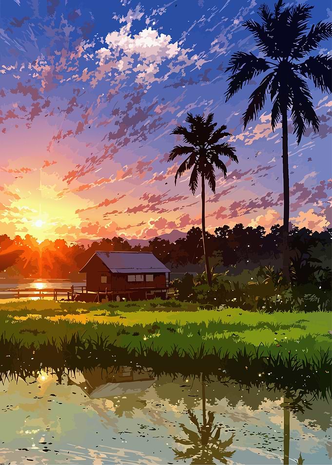 Tropical Sunset Over Rural Hut