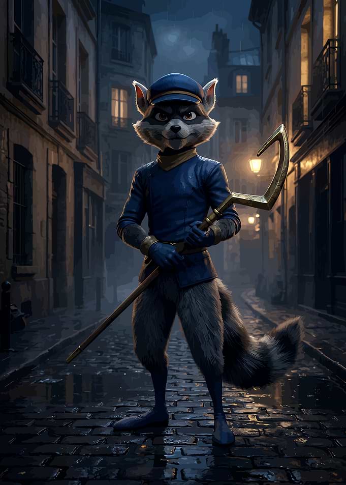 Sly Cooper Standing in Rainy Alley