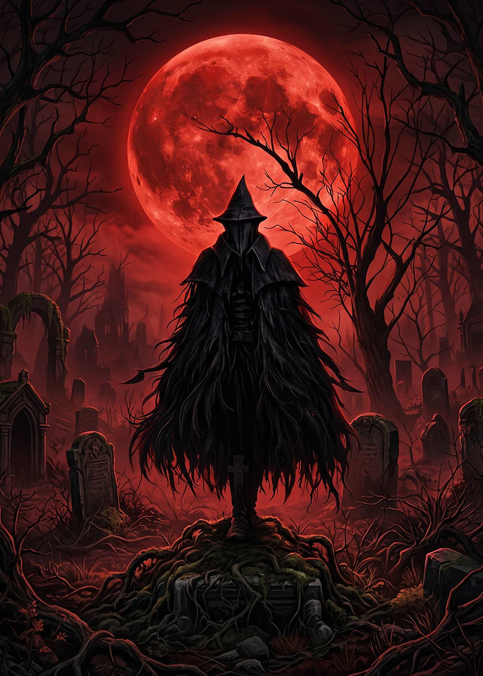 Dark Figure in Red Moon Cemetery