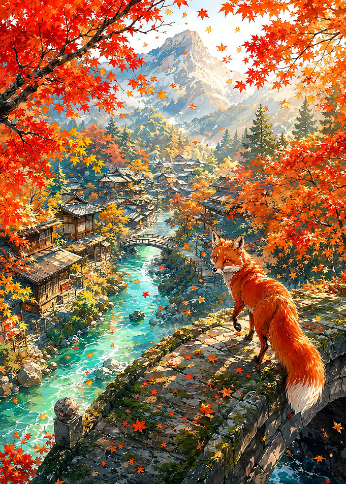Fox on Bridge in Autumn Village