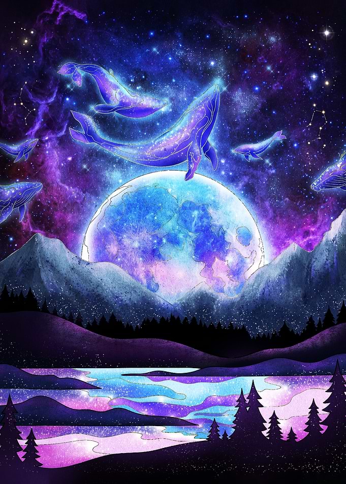 Whales Swimming in Cosmic Night Sky