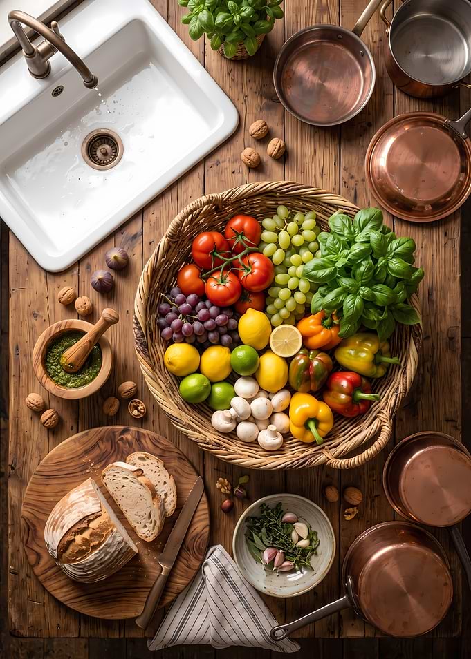 Rustic Kitchen Countertop with Fresh Produce