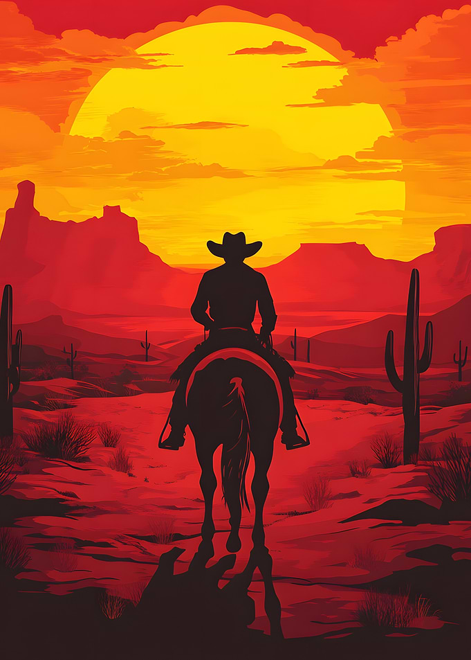 Lone Cowboy Riding into Sunset