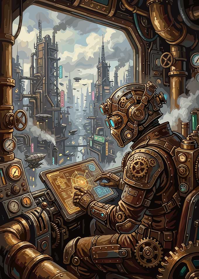 Steampunk Pilot in Industrial City