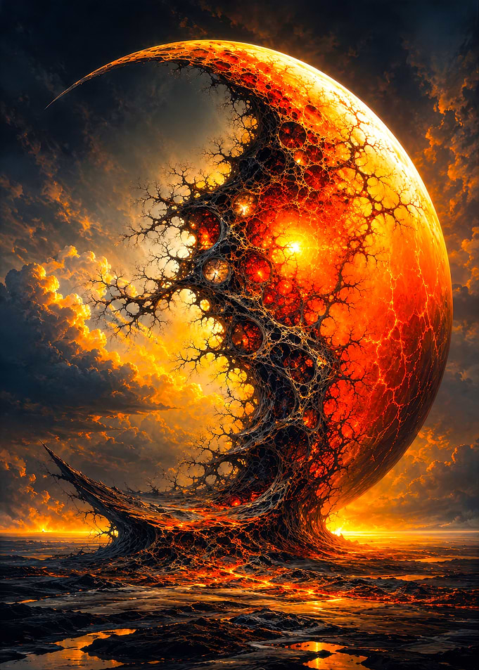 Fiery Fractal Moon Over Alien Landscape