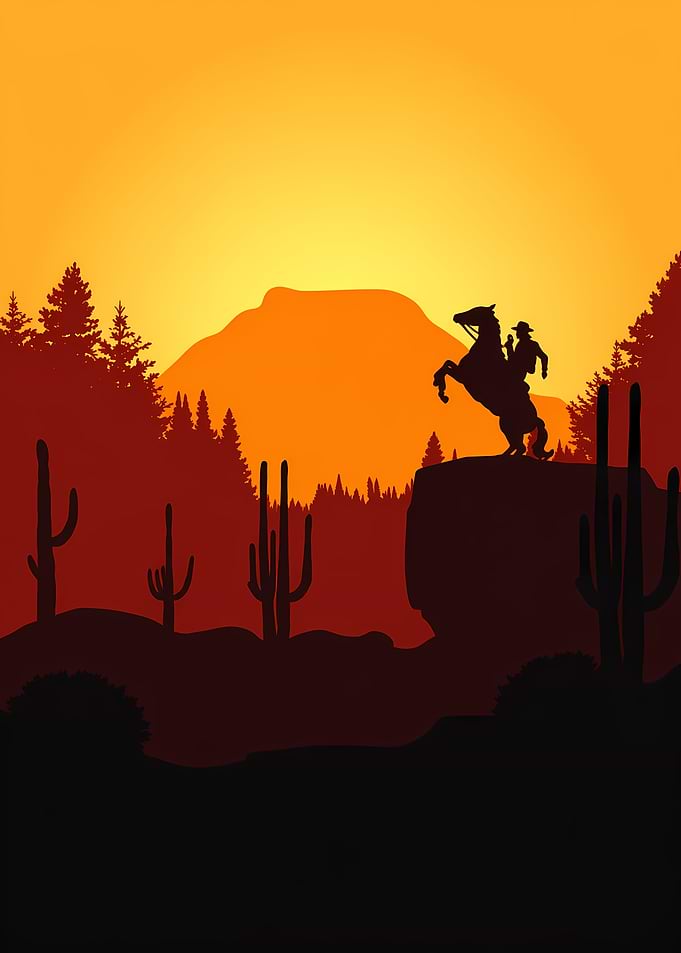 Cowboy on Horseback at Sunset