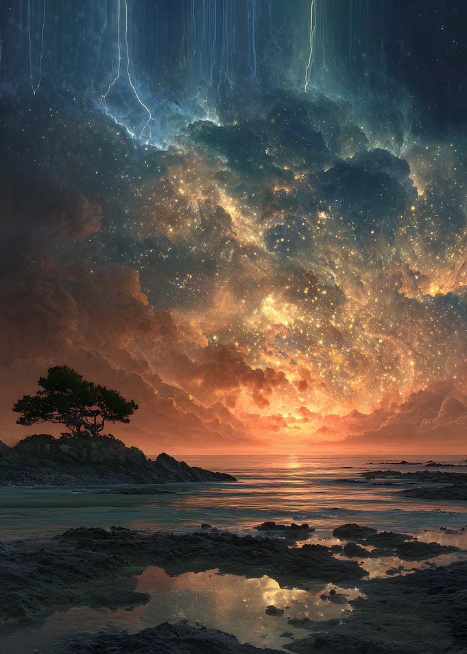 Cosmic Sunset Over Rocky Shore