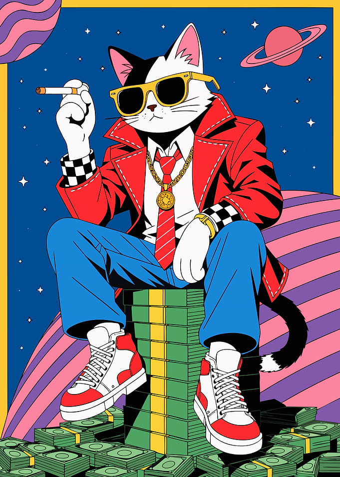 Cool Cat Sitting on Money Stack