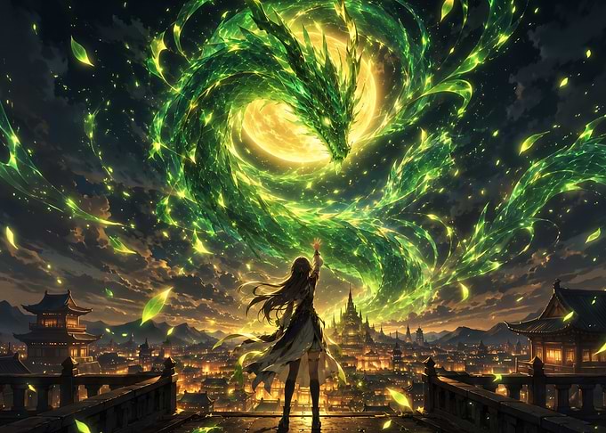 Girl Summoning Green Dragon Over City