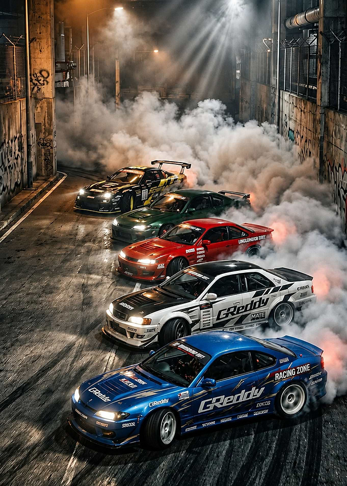 Five Drift Cars Racing in Tunnel