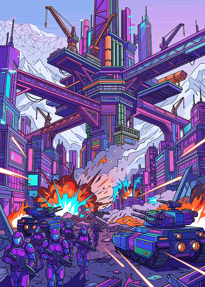 Futuristic Cyberpunk Military Battle Scene