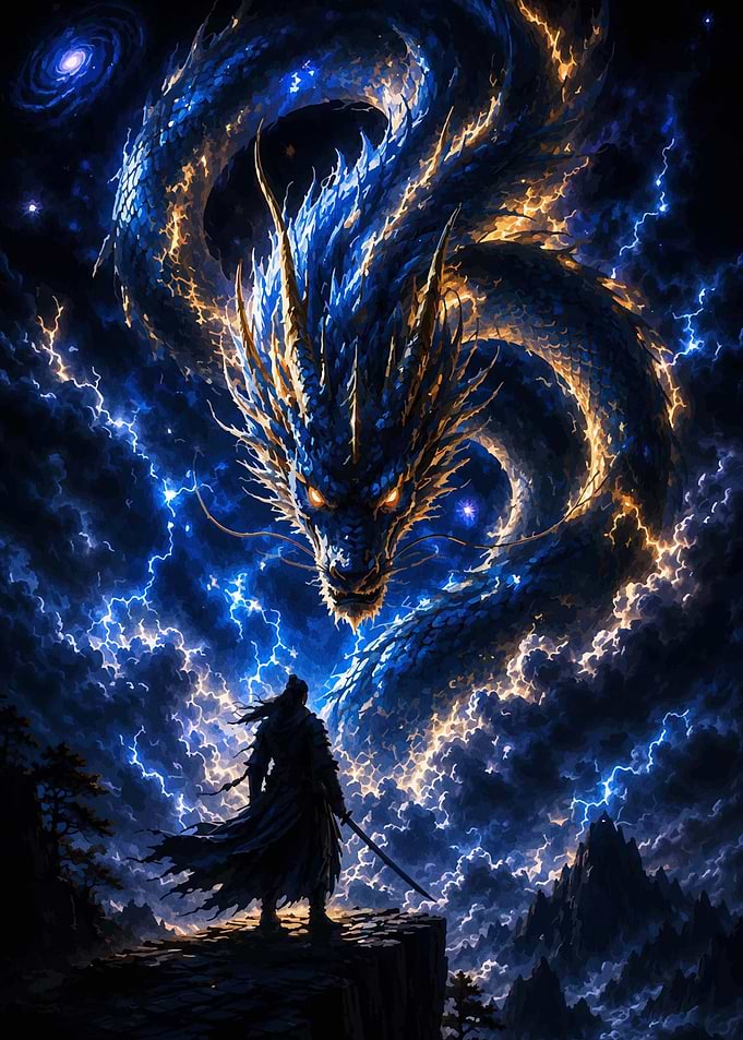 Warrior Facing a Celestial Dragon