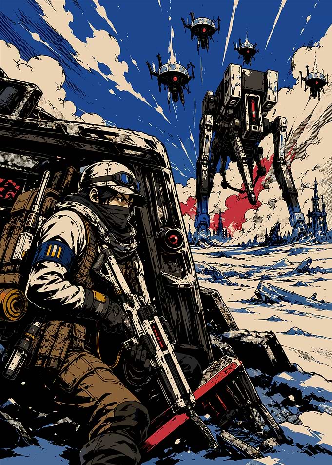 Futuristic Soldier in Mech War Zone