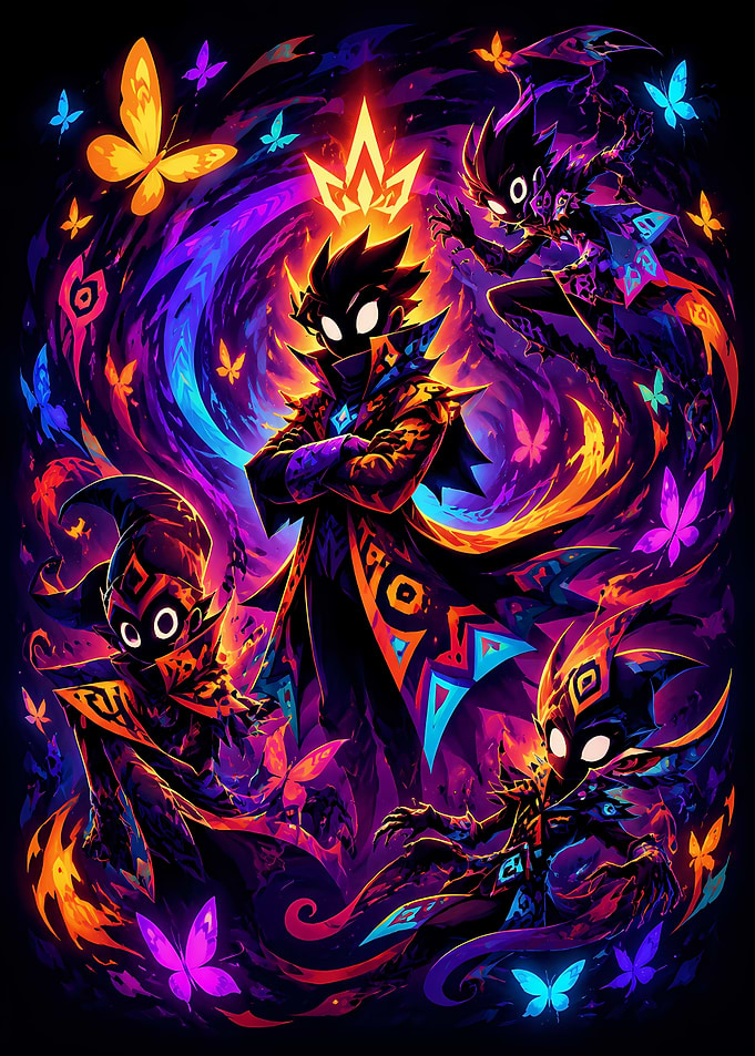 Neon Fantasy Shadow Figures and Butterflies