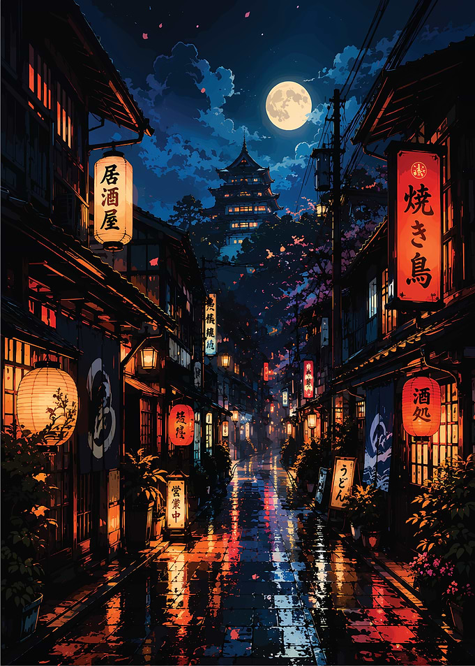 Nighttime Japanese Street with Lanterns