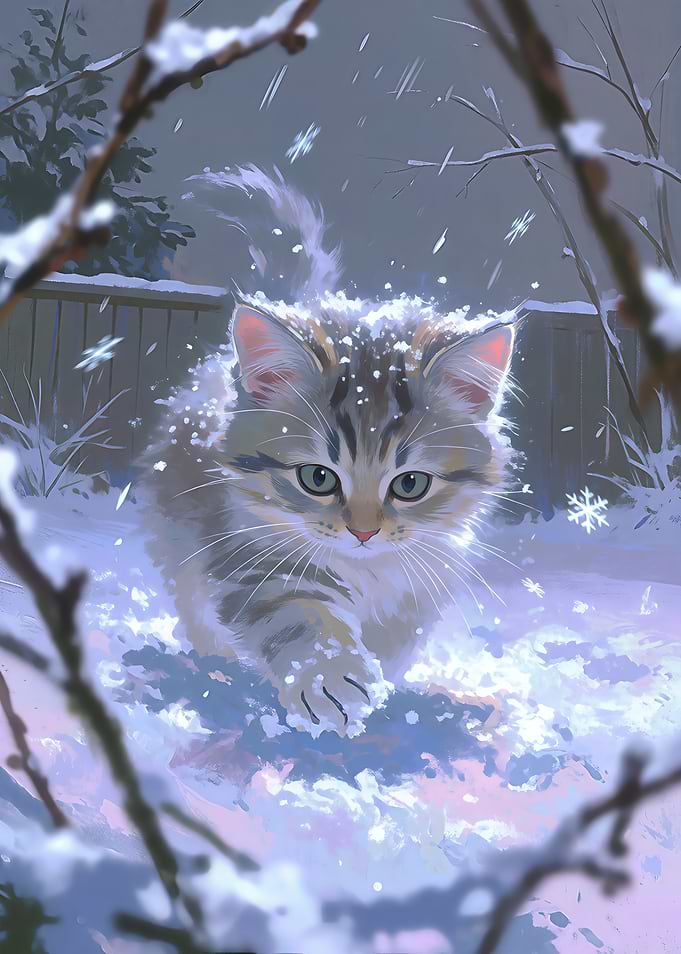 Cute Kitten Playing in Snow