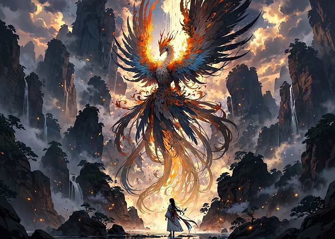 Majestic Phoenix Rising in Mountain Landscape