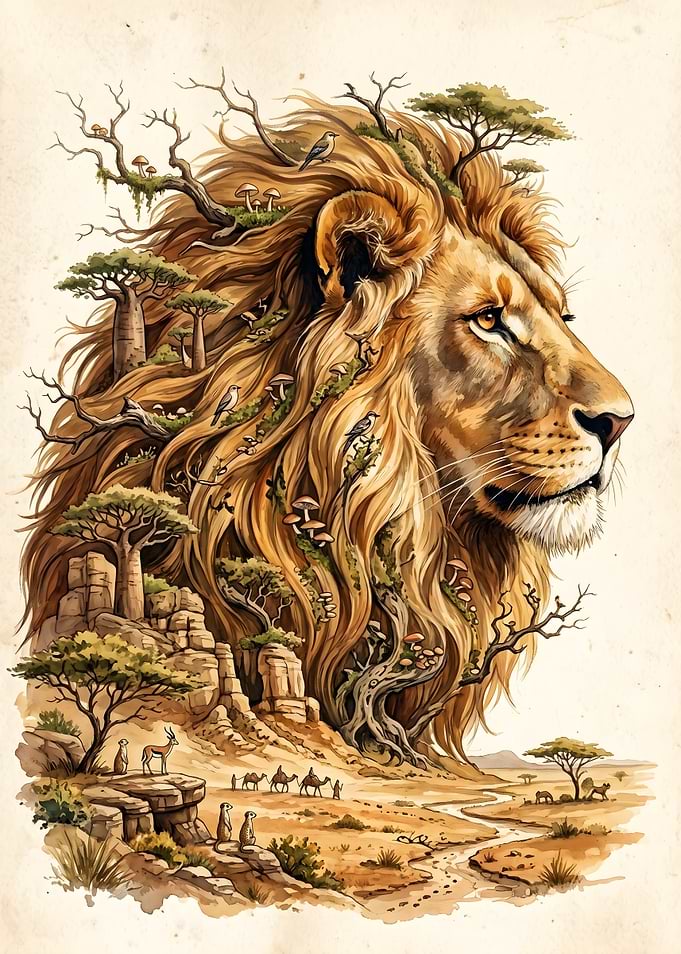 Lion Savannah Landscape Illustration