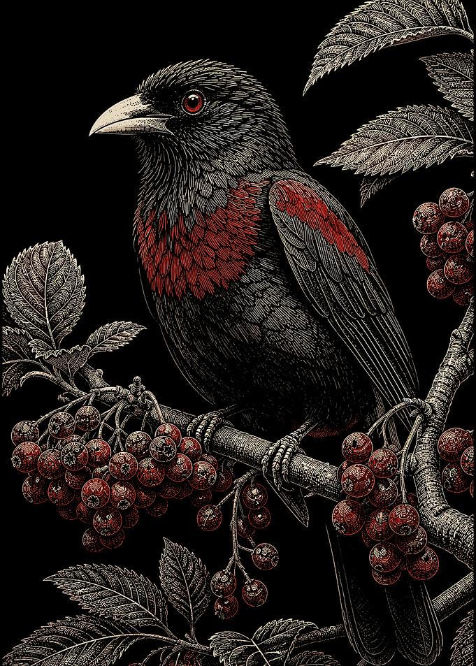 Engraved Style Bird on Berry Branch