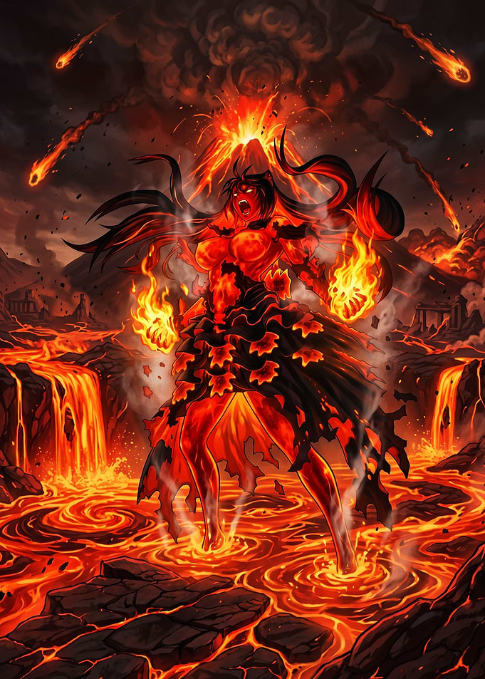 Fiery Anime Goddess in Volcanic Eruption